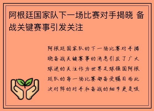 阿根廷国家队下一场比赛对手揭晓 备战关键赛事引发关注 阿根廷国家队下一场比赛对手揭晓 备战关键赛事引发关注
